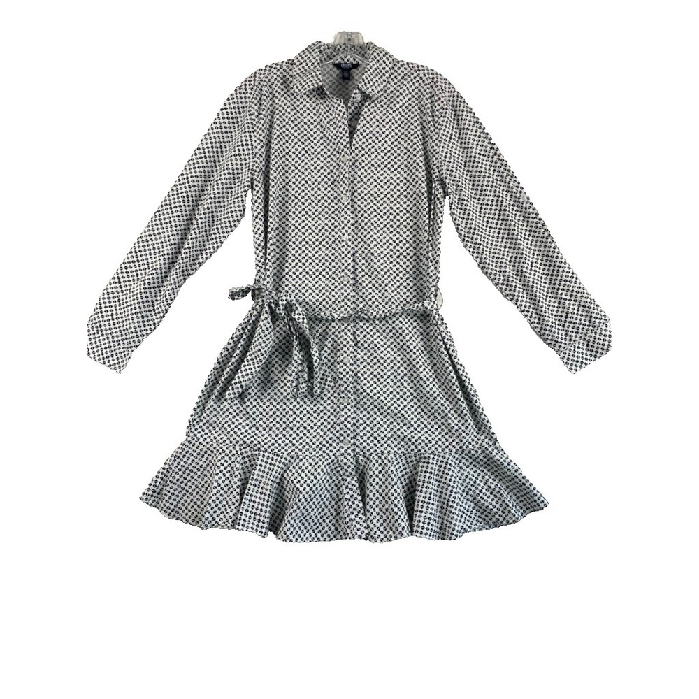Chaps Knee Length Dress Women Sz L White Black Shirt Poplin Long Sleeve Ruffles